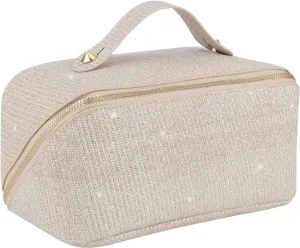 Cosmetic Bag Large Capacity Glitter Sequin Makeup Bag Portable Sparkly Shiny Travel Toiletry Bag with Handle and Divider for Women (Apricot)