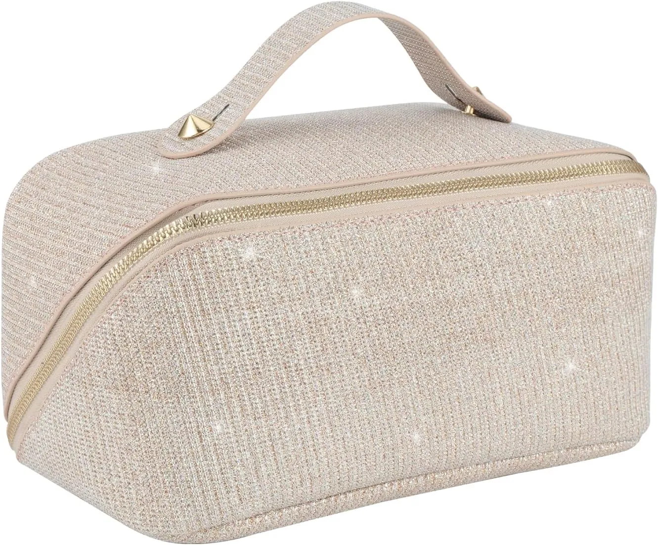 Cosmetic Bag Large Capacity Glitter Sequin Makeup Bag Portable Sparkly Shiny Travel Toiletry Bag with Handle and Divider for Women (Apricot)