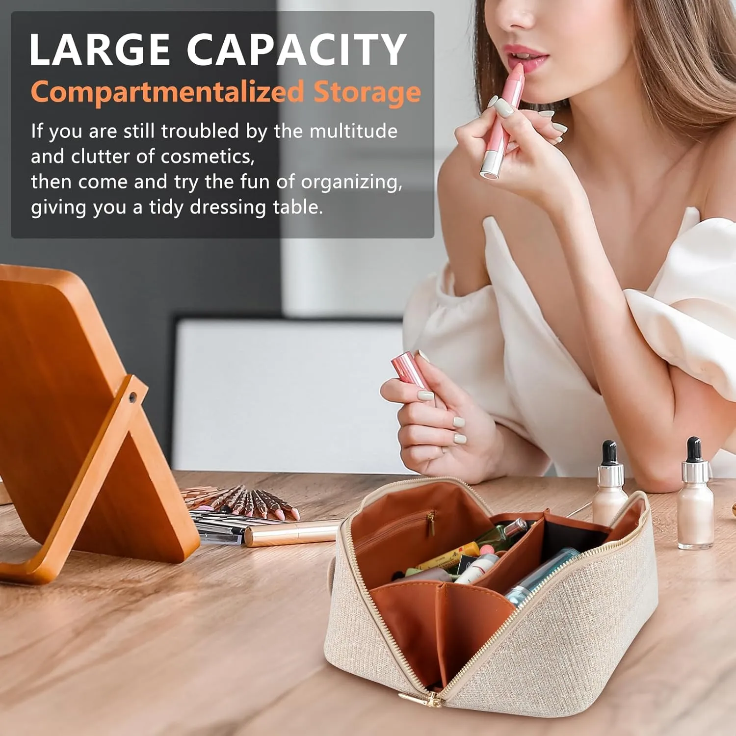Cosmetic Bag Large Capacity Glitter Sequin Makeup Bag Portable Sparkly Shiny Travel Toiletry Bag with Handle and Divider for Women (Apricot)