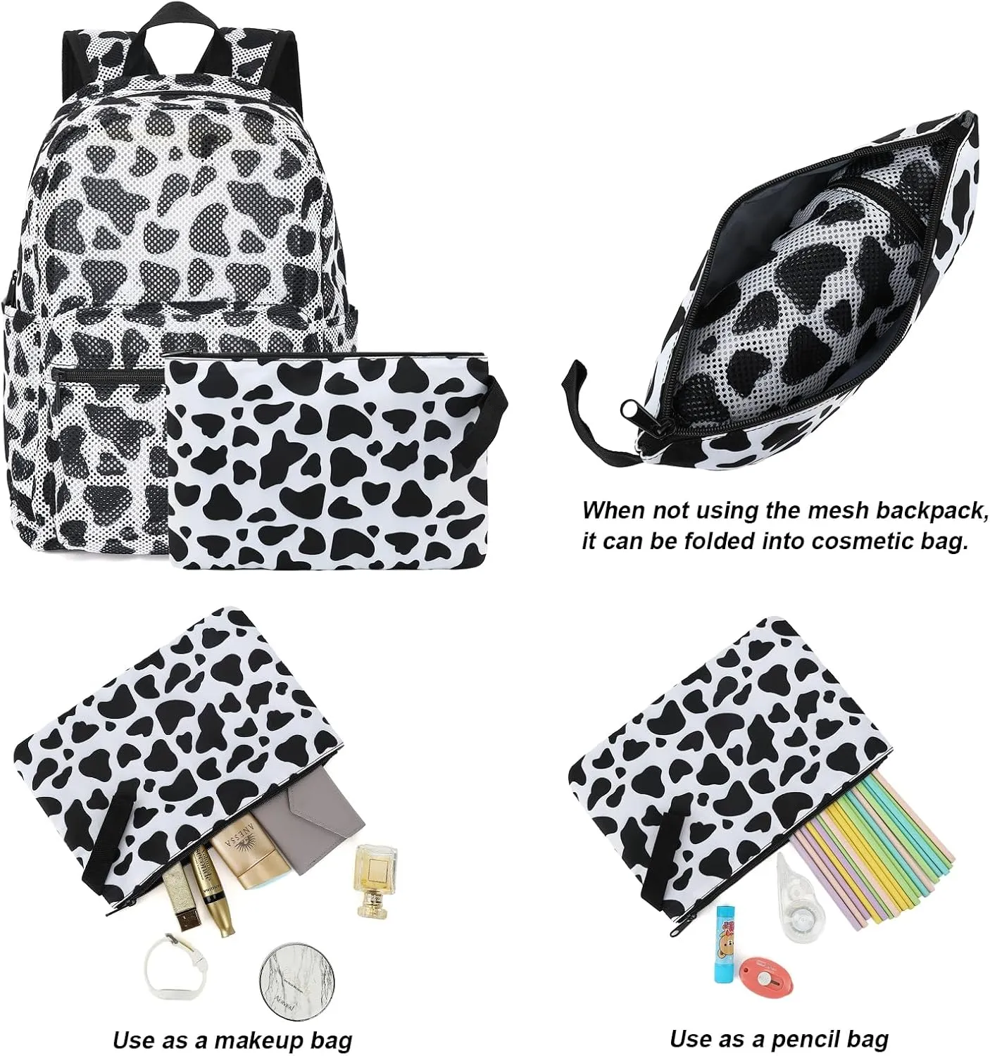 Cow Print Mesh Backpack for Girls, Kids Semi-Transparent School Bookbag Women See Through Beach Bag Daypack