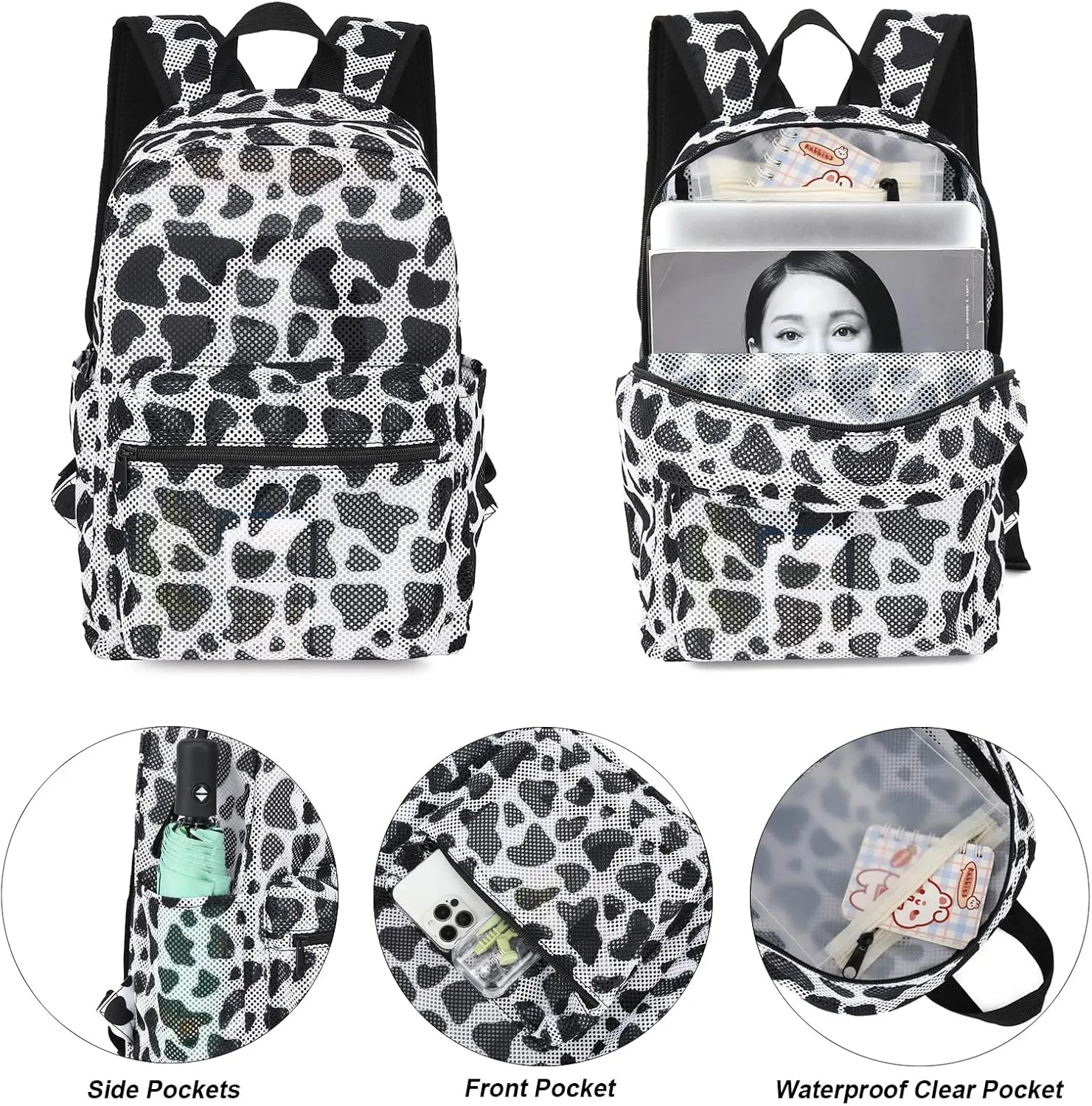 Cow Print Mesh Backpack for Girls, Kids Semi-Transparent School Bookbag Women See Through Beach Bag Daypack