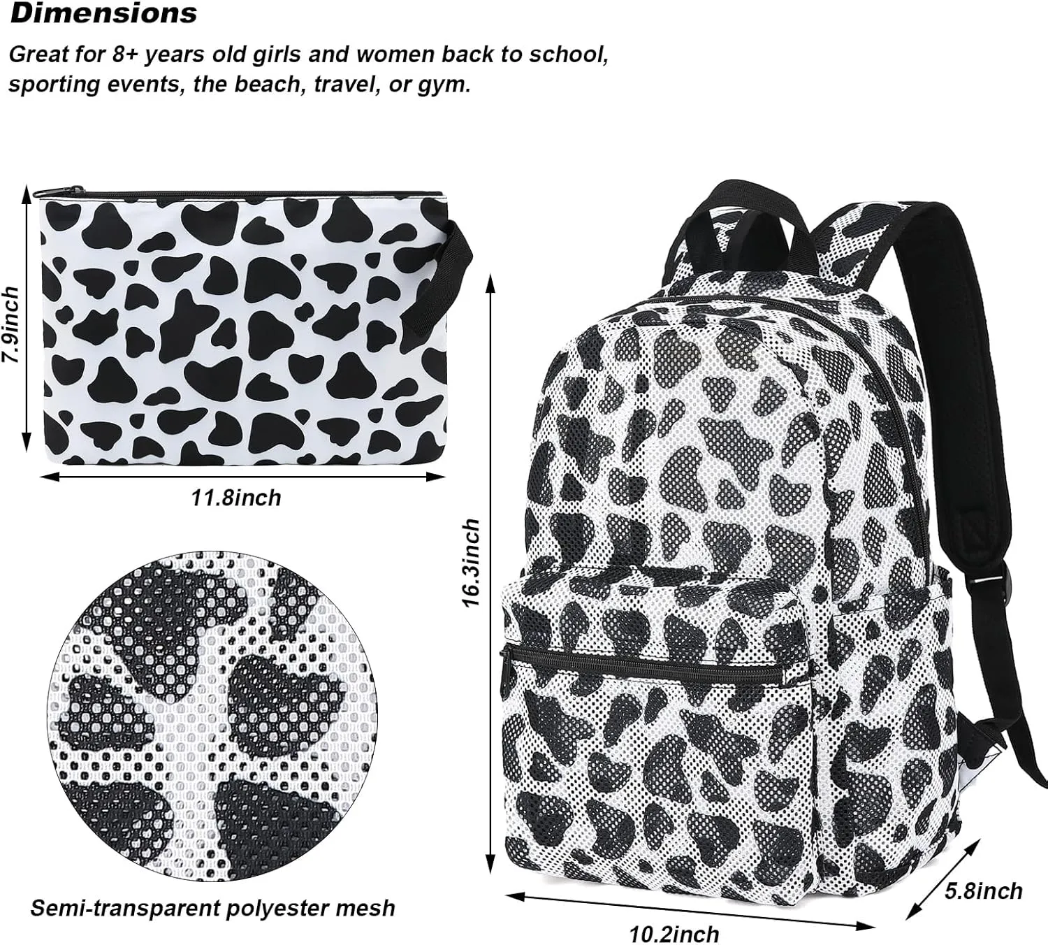 Cow Print Mesh Backpack for Girls, Kids Semi-Transparent School Bookbag Women See Through Beach Bag Daypack