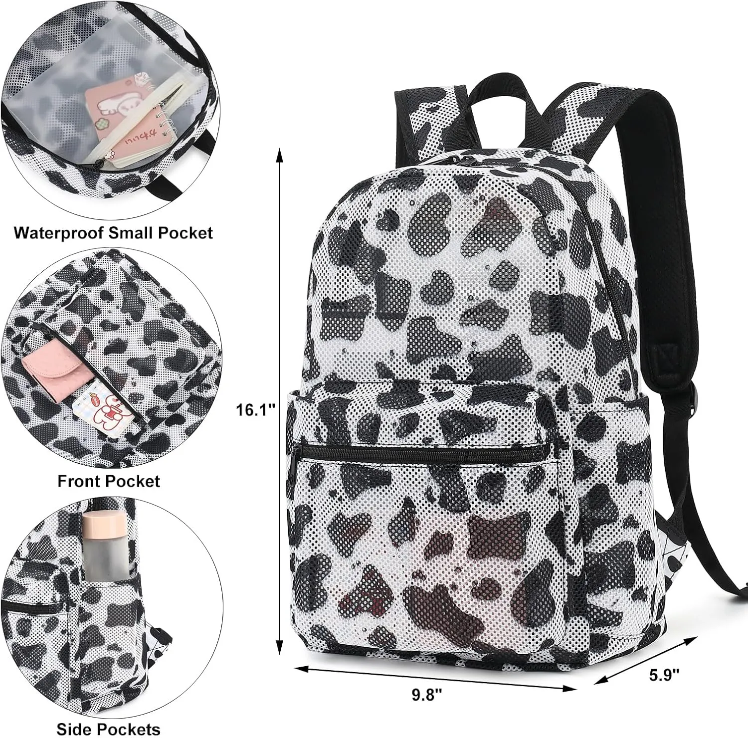 Cow Print Mesh Backpack for Girls Women, Semi-Transparent Kids School Backpack College Bookbag for Beach Gym Travel