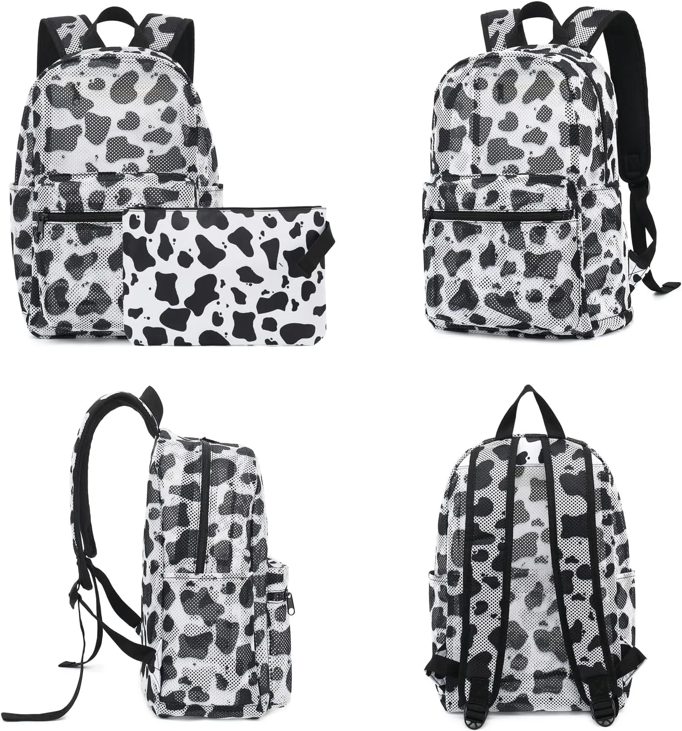 Cow Print Mesh Backpack for Girls Women, Semi-Transparent Kids School Backpack College Bookbag for Beach Gym Travel