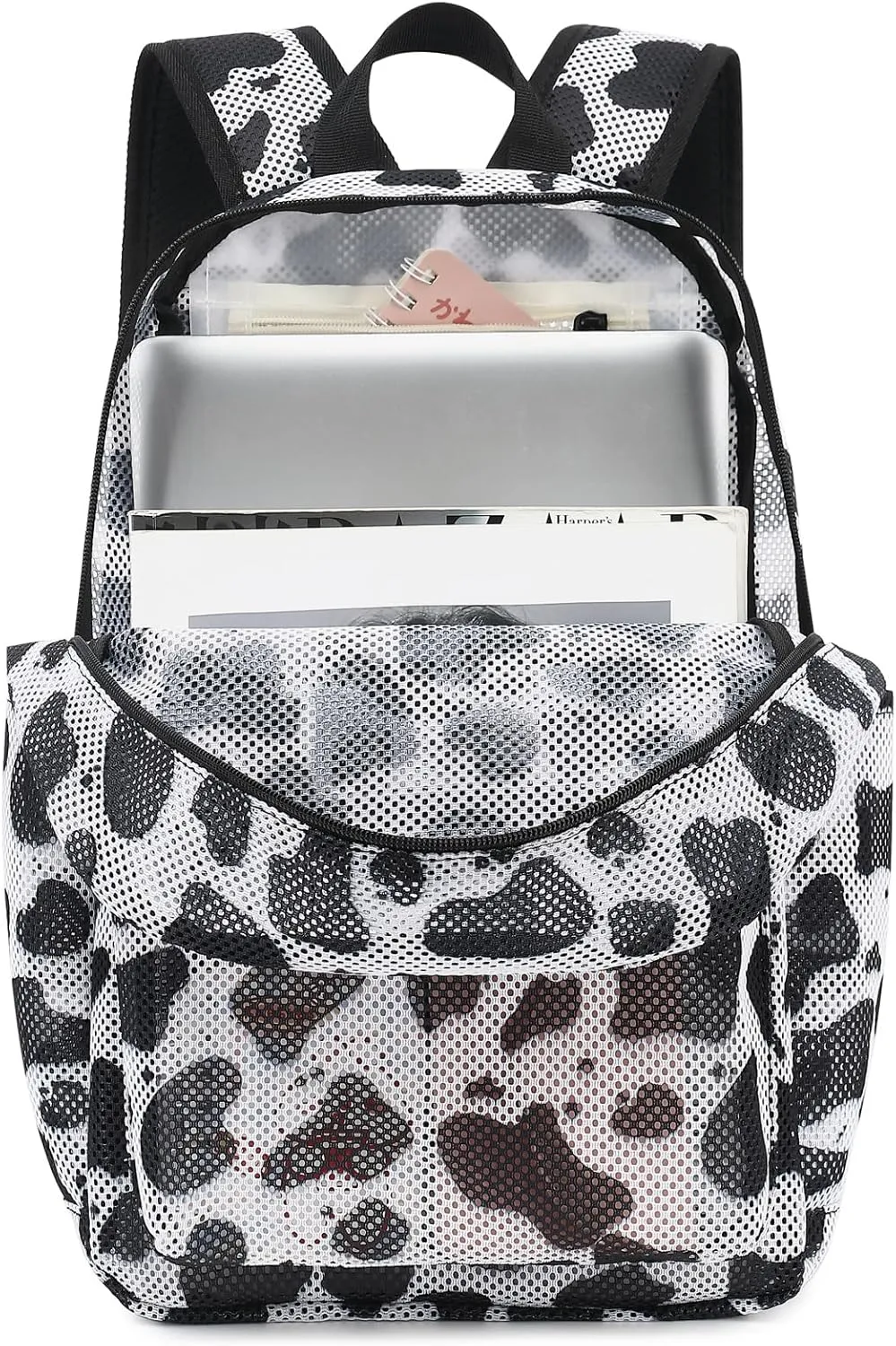 Cow Print Mesh Backpack for Girls Women, Semi-Transparent Kids School Backpack College Bookbag for Beach Gym Travel