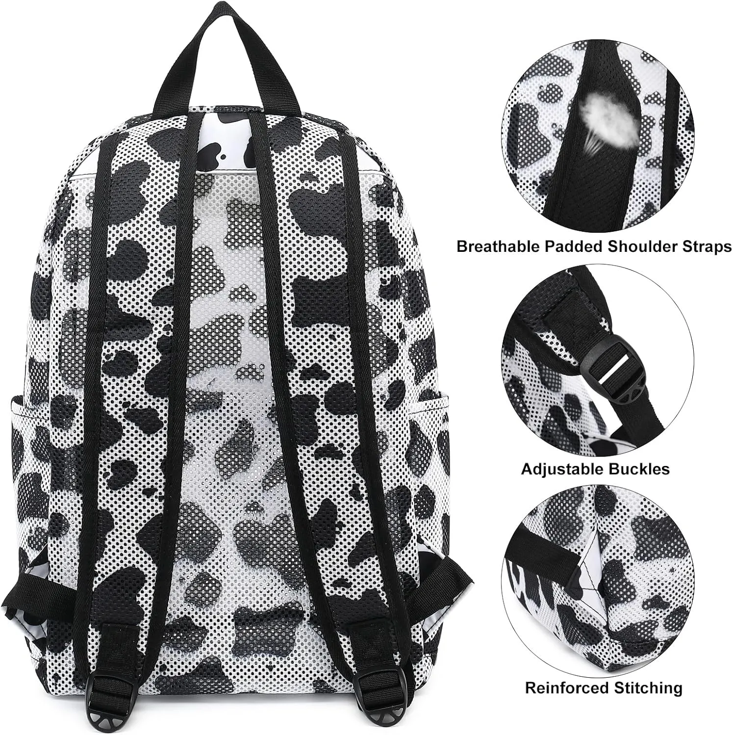 Cow Print Mesh Backpack for Girls Women, Semi-Transparent Kids School Backpack College Bookbag for Beach Gym Travel