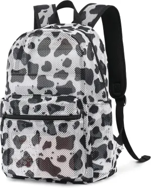 Cow Print Mesh Backpack for Girls Women, Semi-Transparent Kids School Backpack College Bookbag for Beach Gym Travel