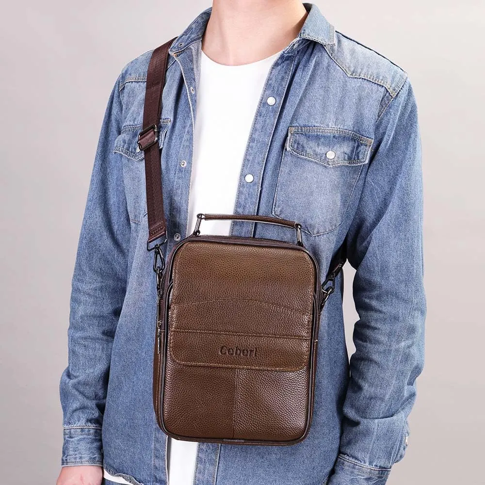 Cowhide Leather Messenger Bag For Men Travel Shoulder Crossbody Bag Waterproof Casual Sling Business Handbag