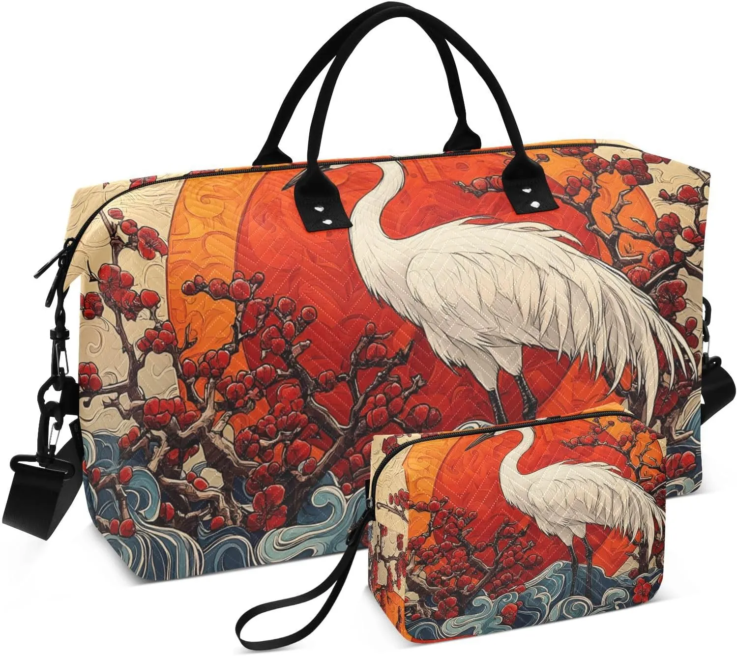 Crane Waves Cherry Duffel Bag for Traveling, Travel Bag Gym Bag, with Multiple Interior Pockets Shoulder Weekender Bag for Women Men with Toiletry Bag 20.5L x 7.9W x 13.8H