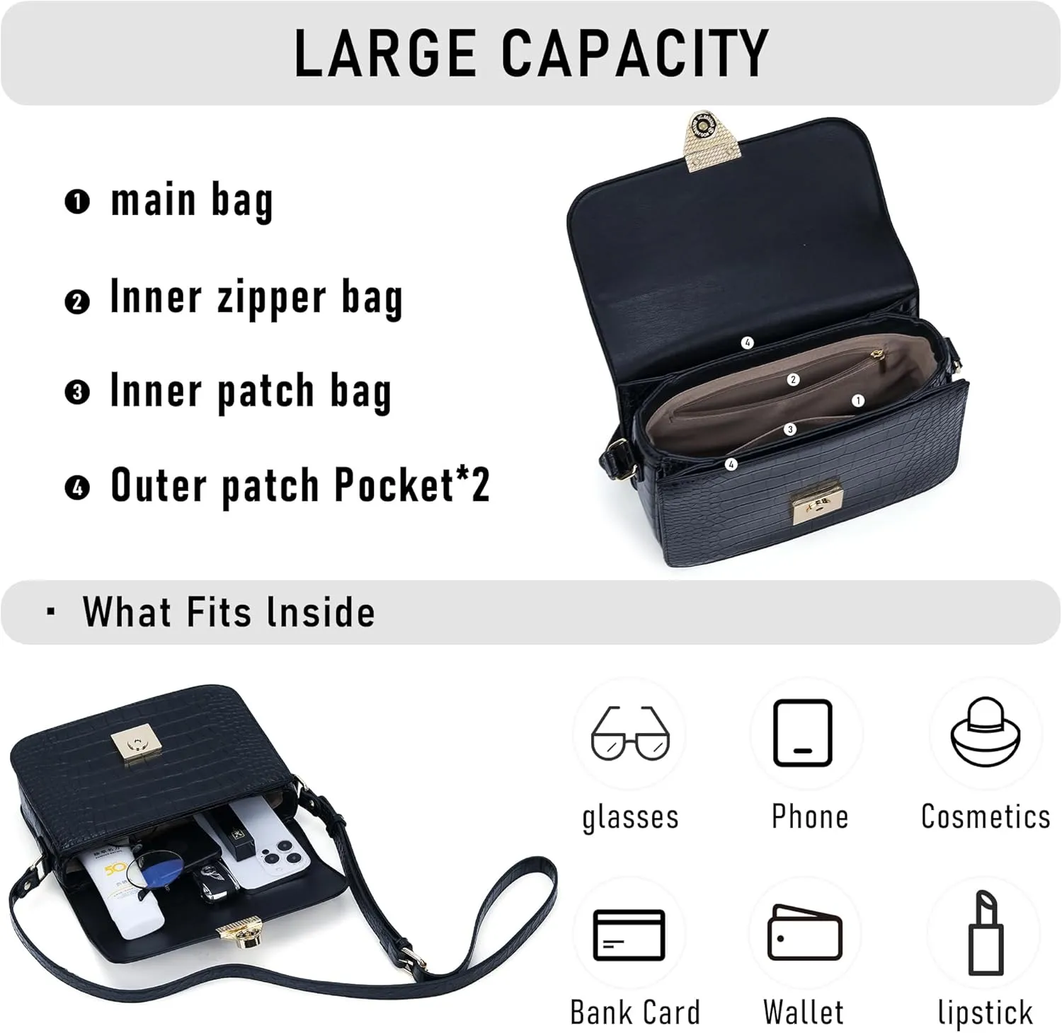 Crossbody Bag Shoulder Satchel Purse for Women, Triple Pocket Bag PU Leather Messenger Bag Flap Evening Bag