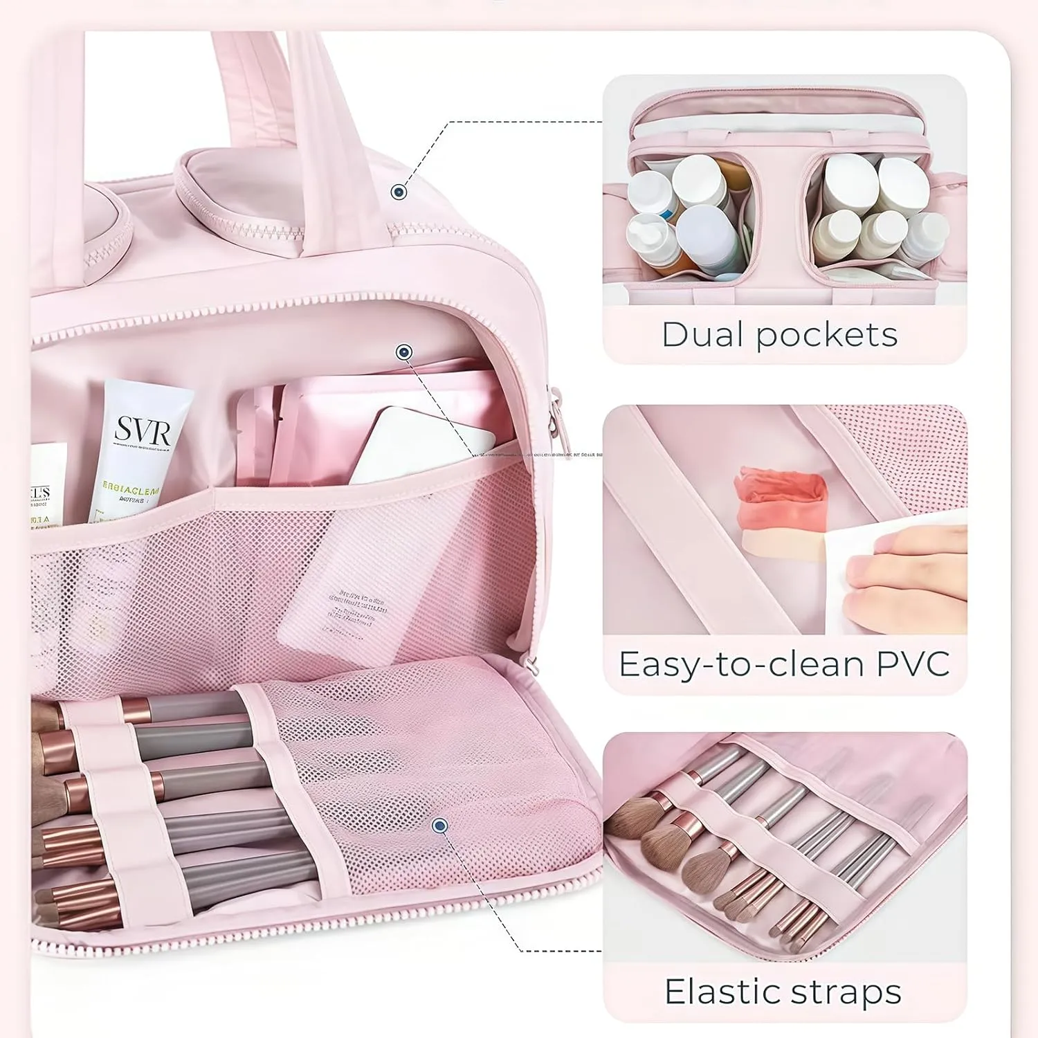 Cureaway Large Capacity Wide-Open Travel Cosmetic Bag, Cureaway Travel Cosmetic Bag Toiletry Bag for Women with Divider and Handle, Waterproof Portable, for Woman and Man (Beige)