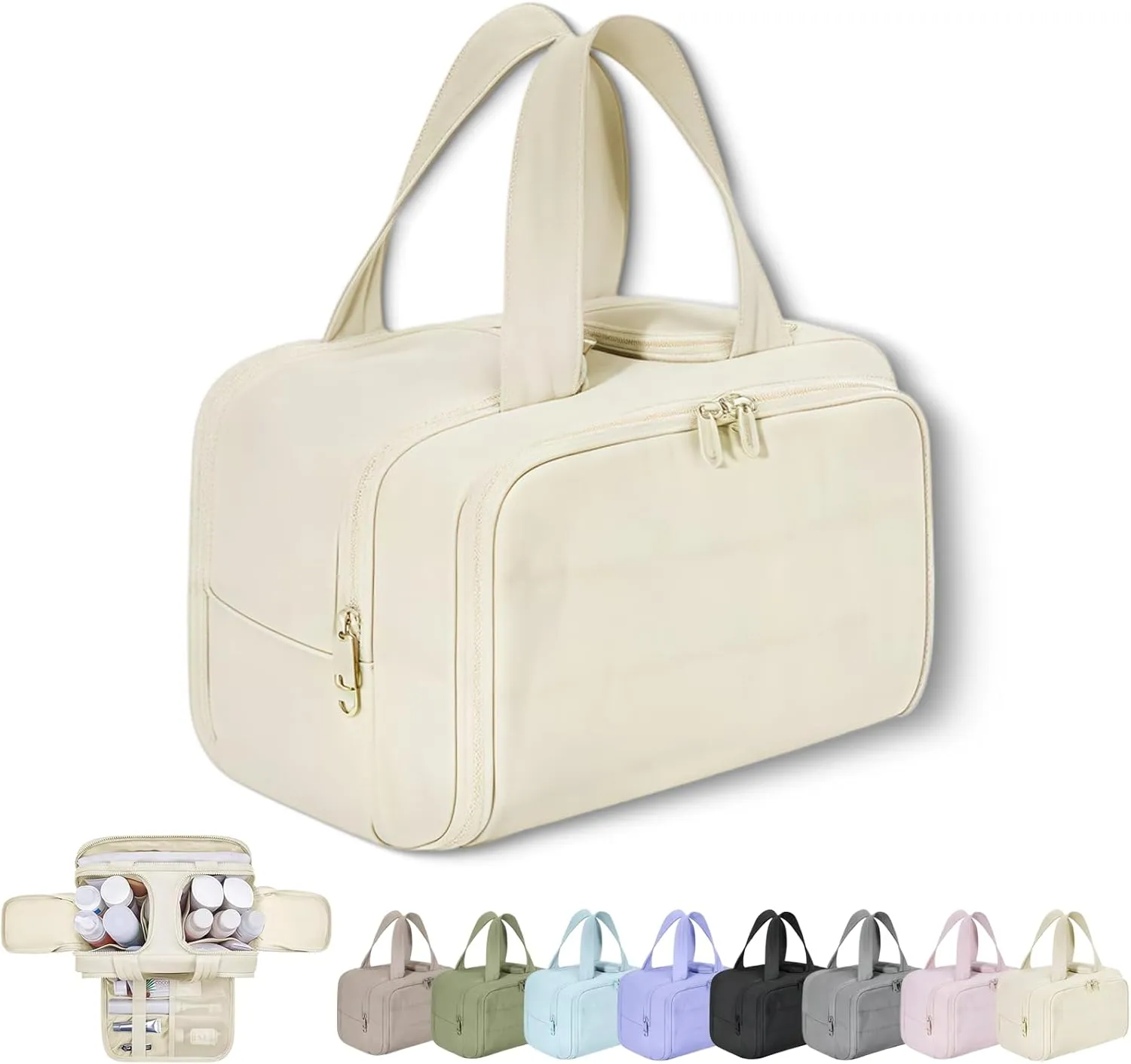 Cureaway Large Capacity Wide-Open Travel Cosmetic Bag, Cureaway Travel Cosmetic Bag Toiletry Bag for Women with Divider and Handle, Waterproof Portable, for Woman and Man (Beige)