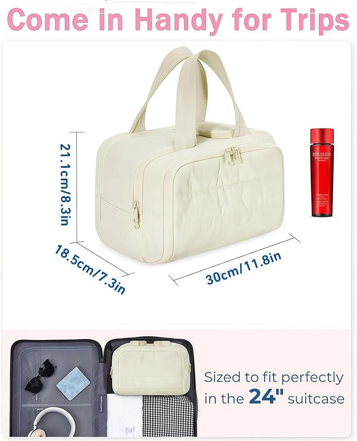 Cureaway Large Capacity Wide-Open Travel Cosmetic Bag, Cureaway Travel Cosmetic Bag Toiletry Bag for Women with Divider and Handle, Waterproof Portable, for Woman and Man (Beige)