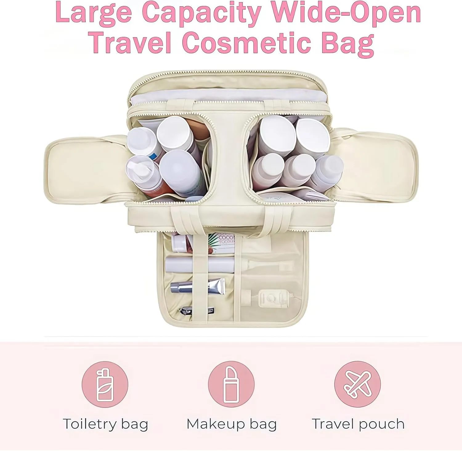 Cureaway Large Capacity Wide-Open Travel Cosmetic Bag, Cureaway Travel Cosmetic Bag Toiletry Bag for Women with Divider and Handle, Waterproof Portable, for Woman and Man (Beige)