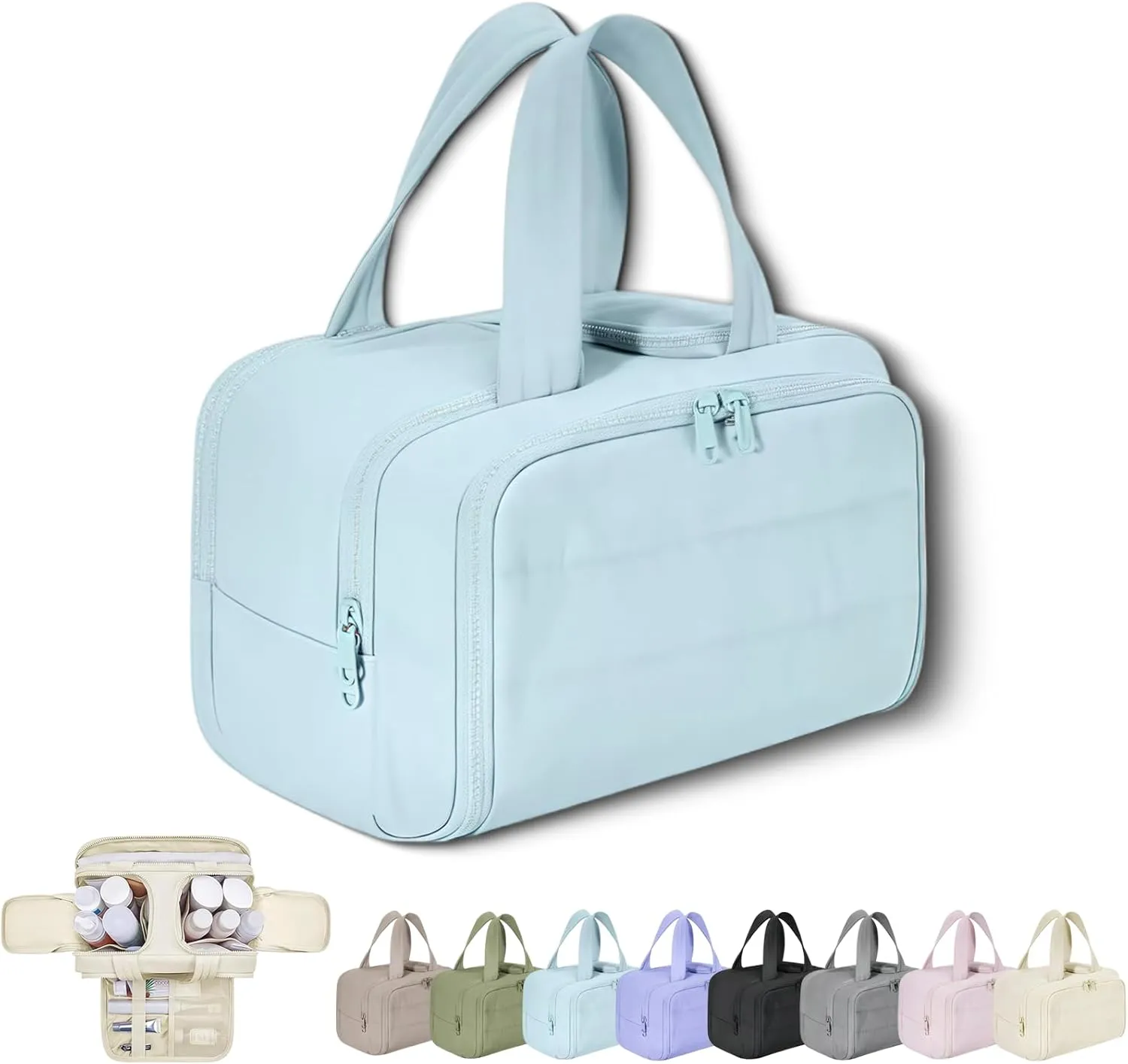 Cureaway Large Capacity Wide-Open Travel Cosmetic Bag, Cureaway Travel Cosmetic Bag Toiletry Bag for Women with Divider and Handle, Waterproof Portable, for Woman and Man (Blue)