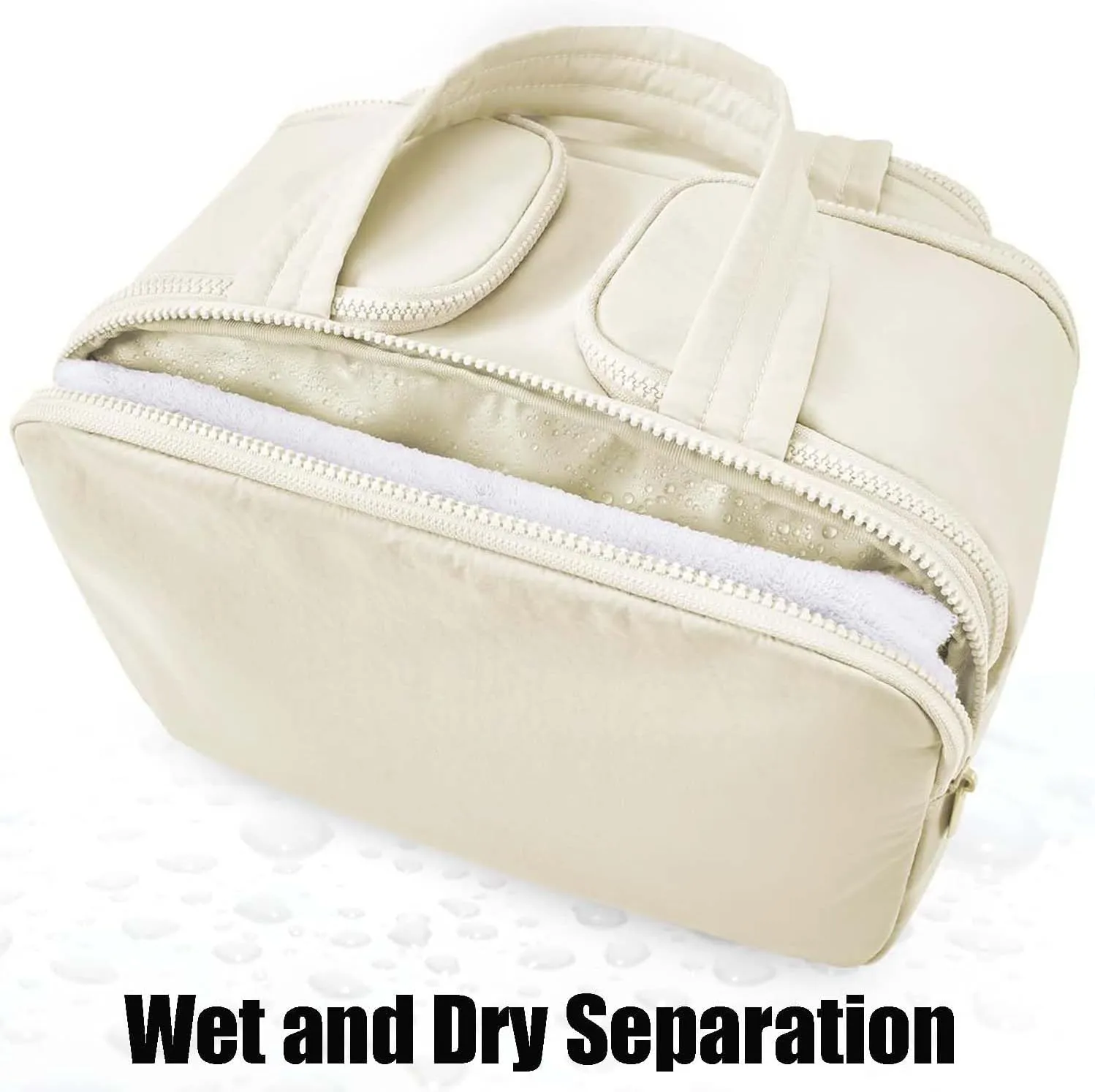 Cureaway Travel Cosmetic Bag, Cureaway Toiletry Bag, Large Capacity Wide-Open Travel Cosmetic Bag, Waterproof Portable Pouch Open Flat Toiletry Bags, for Women with Divider and Handle (Beige)