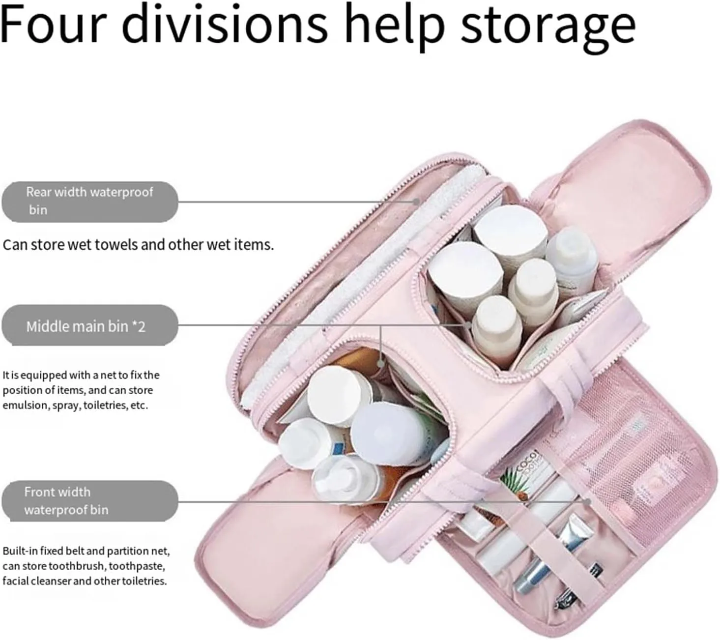 Cureaway Travel Cosmetic Bag, Cureaway Toiletry Bag, Large Capacity Wide-Open Travel Cosmetic Bag, Waterproof Portable Pouch Open Flat Toiletry Bags, for Women with Divider and Handle (Beige)