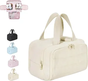 Cureaway Travel Cosmetic Bag, Cureaway Toiletry Bag, Large Capacity Wide-Open Travel Cosmetic Bag, Waterproof Portable Pouch Open Flat Toiletry Bags, for Women with Divider and Handle (Beige)