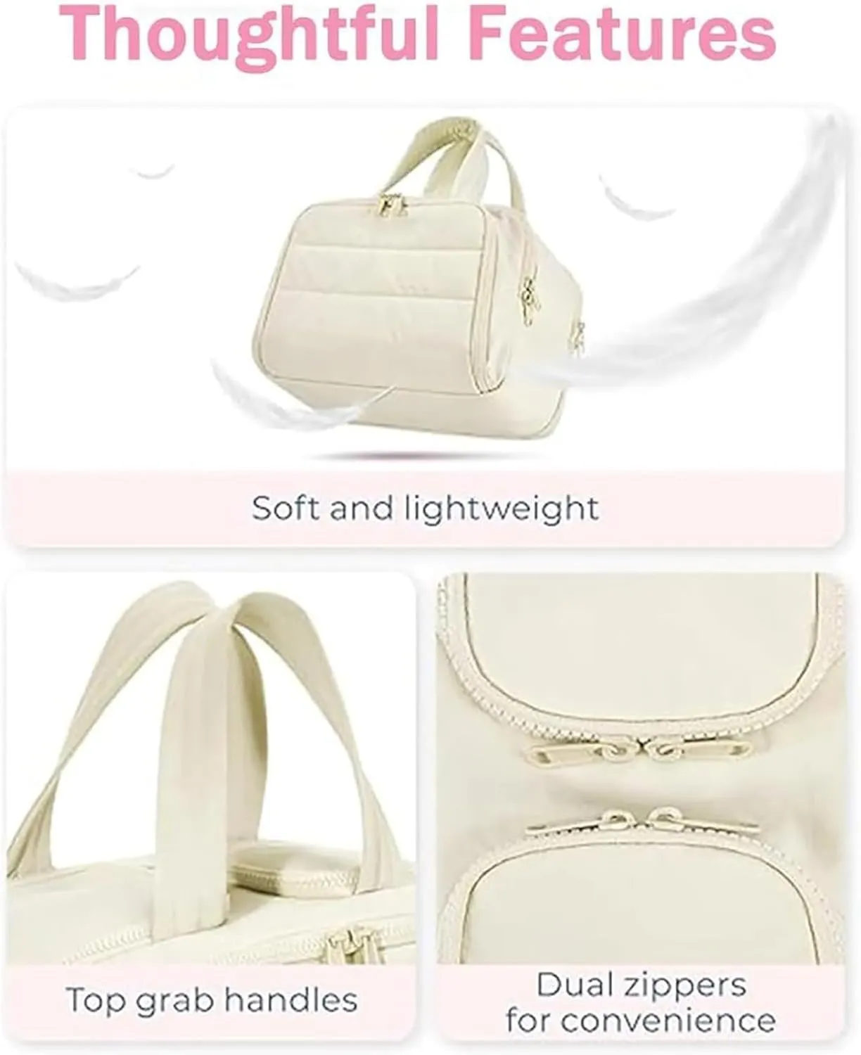 Cureaway Travel Cosmetic Bag, for Women with Divider and Handle (Beige)
