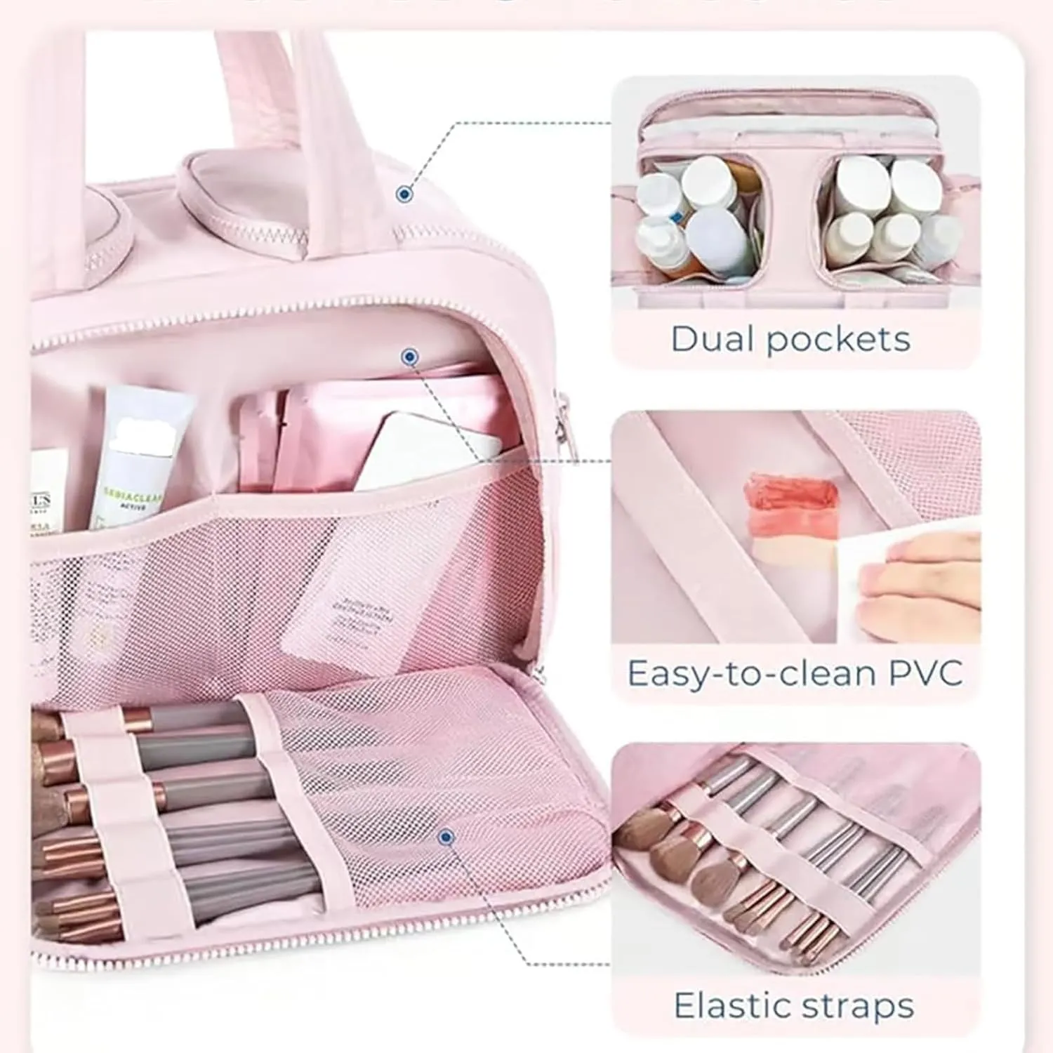Cureaway Travel Cosmetic Bag, for Women with Divider and Handle (Beige)