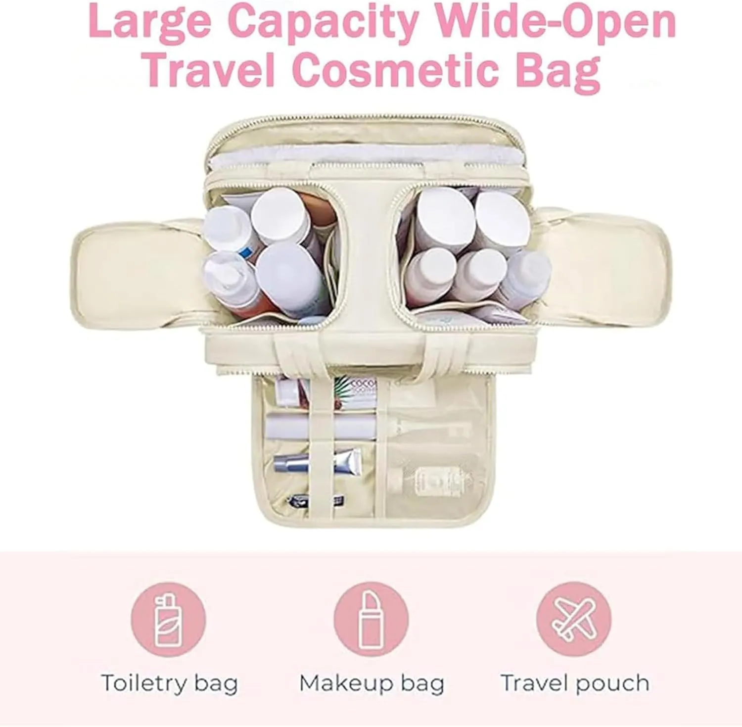 Cureaway Travel Cosmetic Bag, for Women with Divider and Handle (Beige)