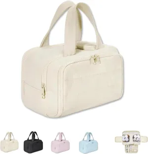 Cureaway Travel Cosmetic Bag, for Women with Divider and Handle (Beige)