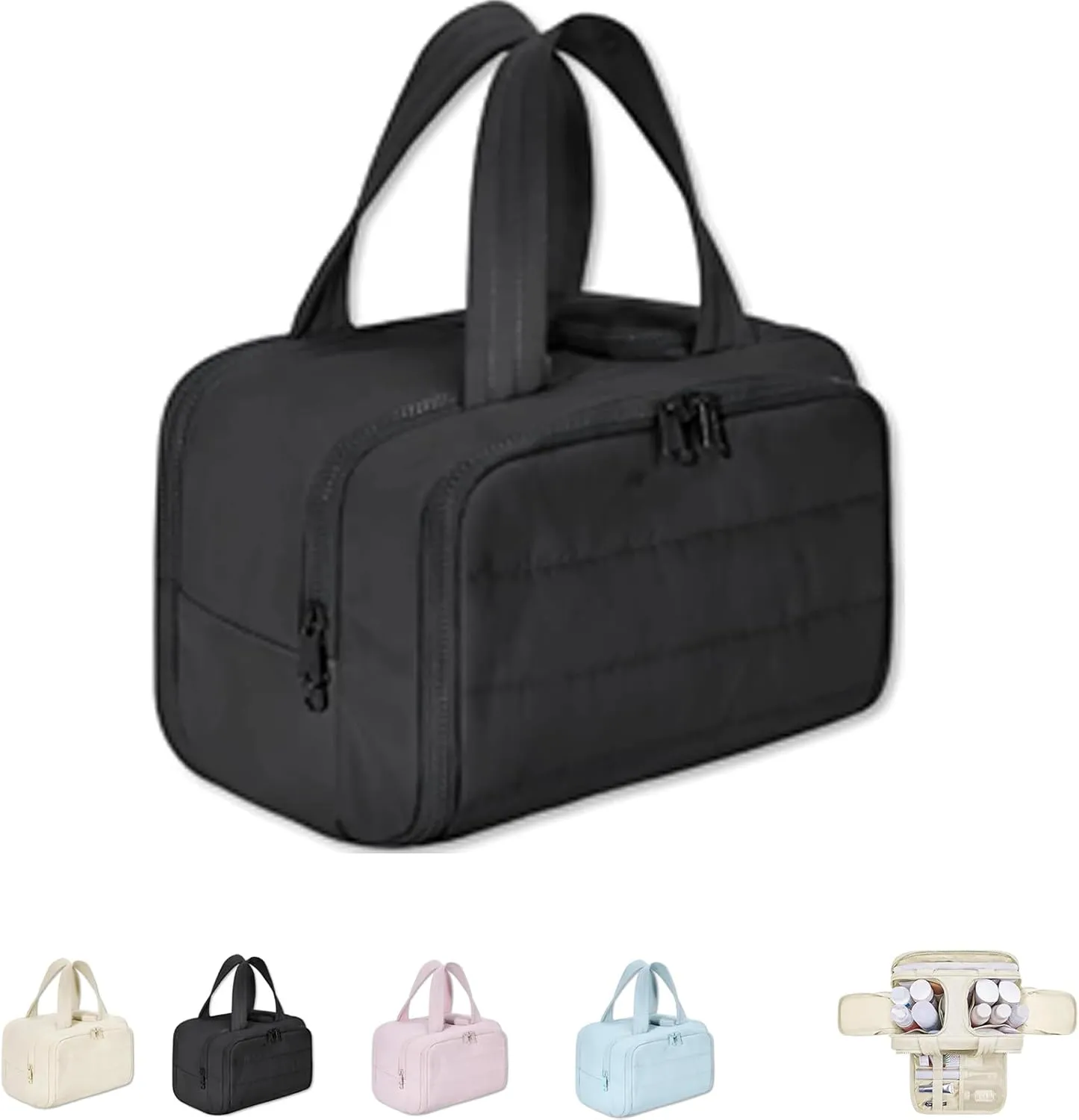 Cureaway Travel Cosmetic Bag, for Women with Divider and Handle (Black)