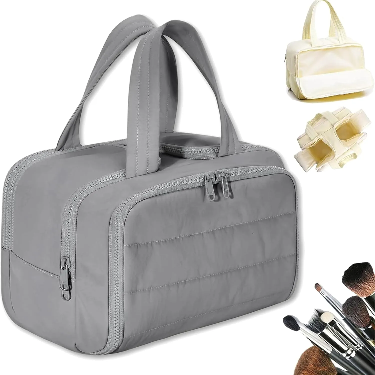 Cureaway Travel Cosmetic Bag, Large Capacity Wide-Open Travel Cosmetic Bag, 4-In-1 Puffy flat toiletry Bag for Women with Divider and Handle, Lightweight Waterproof (Gray)