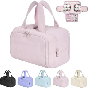 Cureaway Travel Cosmetic Bag, Large Capacity Wide-Open Travel Cosmetic Bag, Humidity Travels Cosmetic Bags, for Women with Divider and Handle Lightweight Waterproof (Pink)