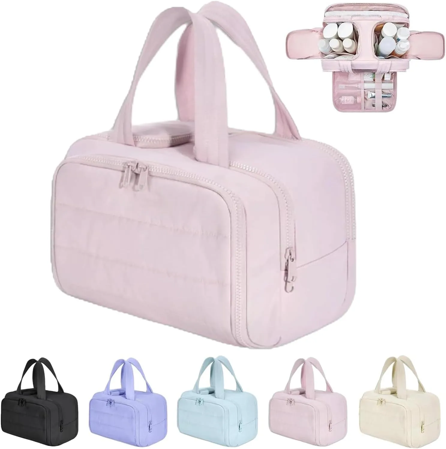 Cureaway Travel Cosmetic Bag, Large Capacity Wide-Open Travel Cosmetic Bag, Humidity Travels Cosmetic Bags, for Women with Divider and Handle Lightweight Waterproof (Pink)