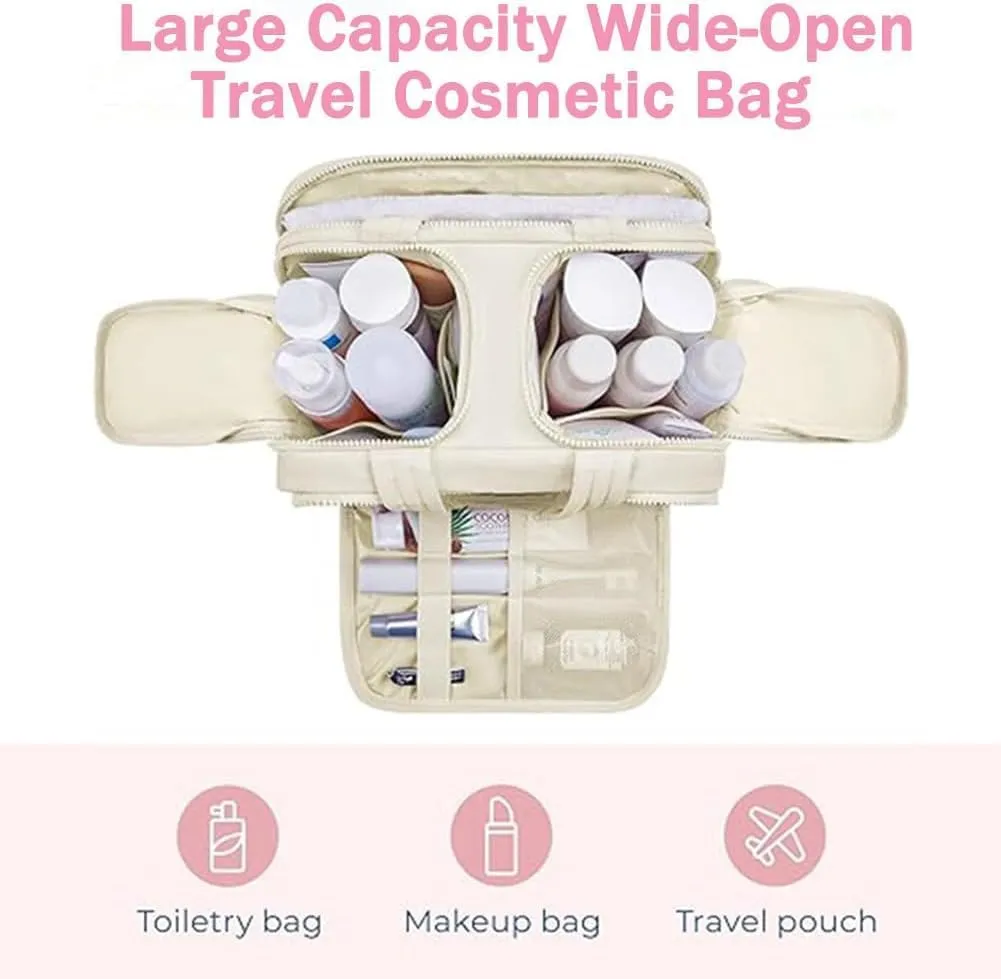 Cureaway Travel Cosmetic Bag, Large Capacity Wide-Open Travel Cosmetic Bag, Waterproof Portable Pouch Open Flat Toiletry Bags for Women With Divider And Handle (Beige)
