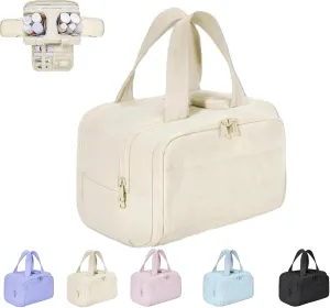 Cureaway Travel Cosmetic Bag, Large Capacity Wide-Open Travel Cosmetic Bag, Waterproof Portable Pouch Open Flat Toiletry Bags for Women With Divider And Handle (Beige)