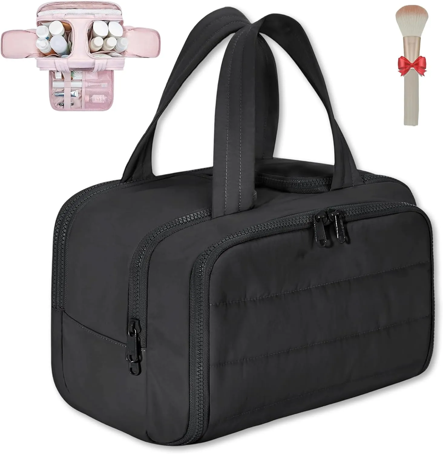 Cureaway Travel Cosmetic Bag, Large Capacity Wide-Open Travel Cosmetic Bag, Waterproof Portable Pouch Open Flat Toiletry Bags for Women with Divider and Handle (Black)
