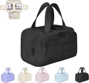Cureaway Travel Cosmetic Bag, Large Capacity Wide-Open Travel Cosmetic Bag, Waterproof Portable Pouch Open Flat Toiletry Bags for Women With Divider And Handle (Black)