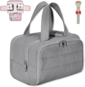 Cureaway Travel Cosmetic Bag, Large Capacity Wide-Open Travel Cosmetic Bag, Waterproof Portable Pouch Open Flat Toiletry Bags for Women with Divider and Handle (Gray)