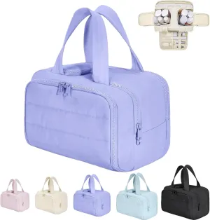Cureaway Travel Cosmetic Bag, Large Capacity Wide-Open Travel Cosmetic Bag, Waterproof Portable Pouch Open Flat Toiletry Bags, for Women with Divider and Handle (Purple)
