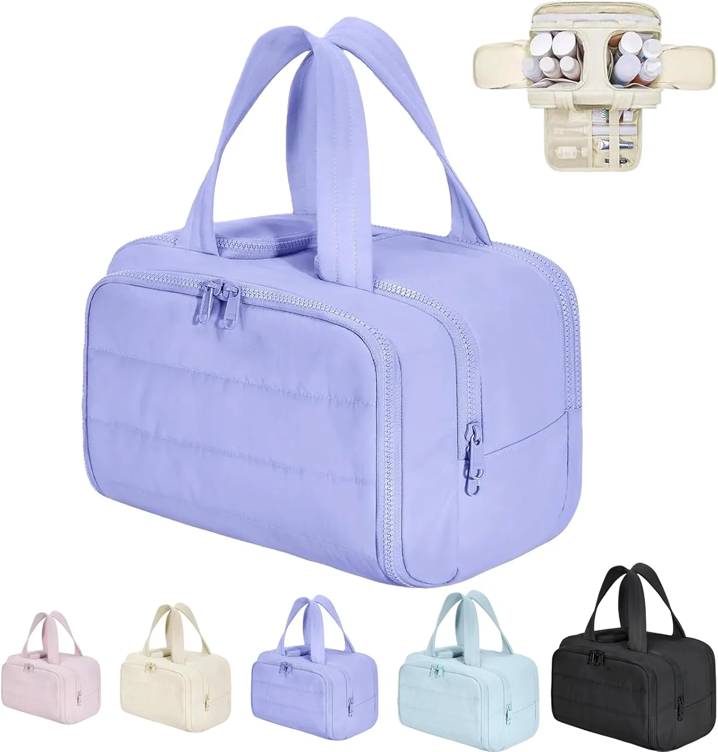 Cureaway Travel Cosmetic Bag, Large Capacity Wide-Open Travel Cosmetic Bag, Waterproof Portable Pouch Open Flat Toiletry Bags, for Women with Divider and Handle (Purple)