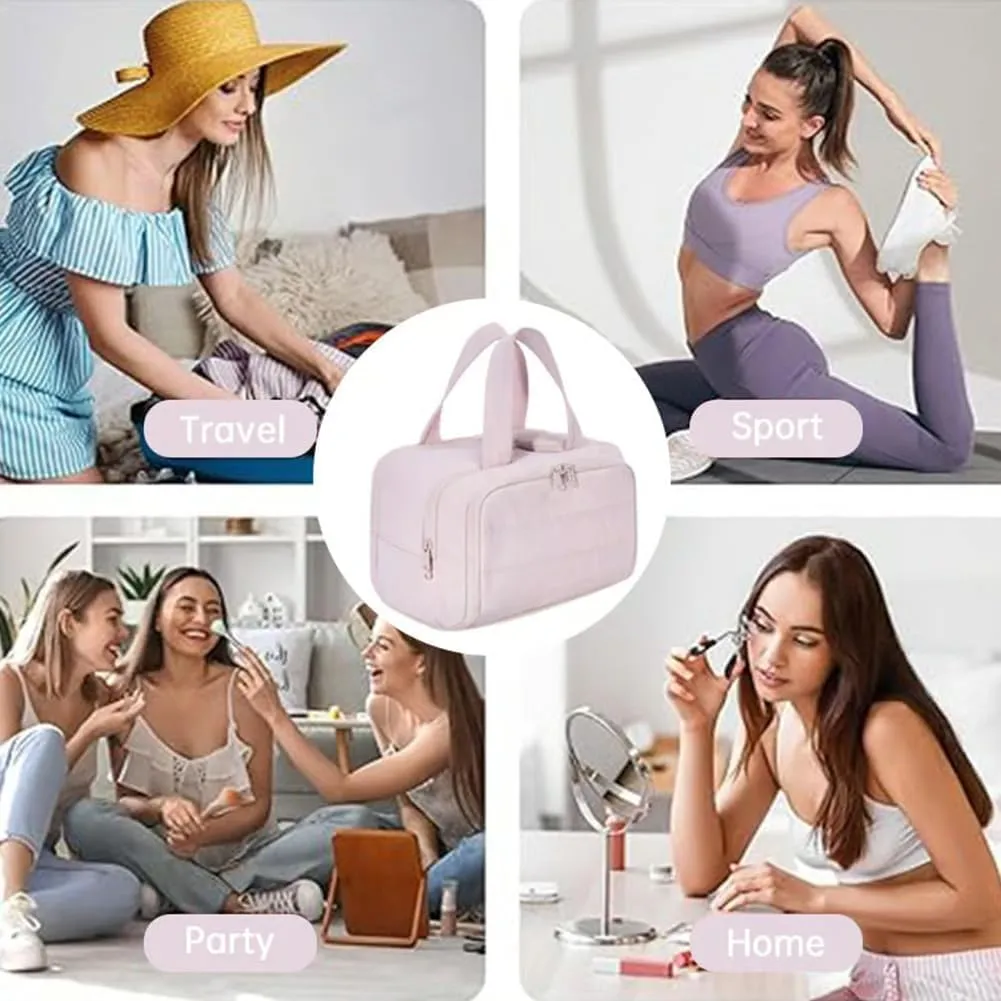 Cureaway Travel Cosmetic Bag, Large Capacity Wide-Open Travel Cosmetic Bag, Waterproof Portable Pouch Open Flat Toiletry Bags, for Women with Divider and Handle (Purple)