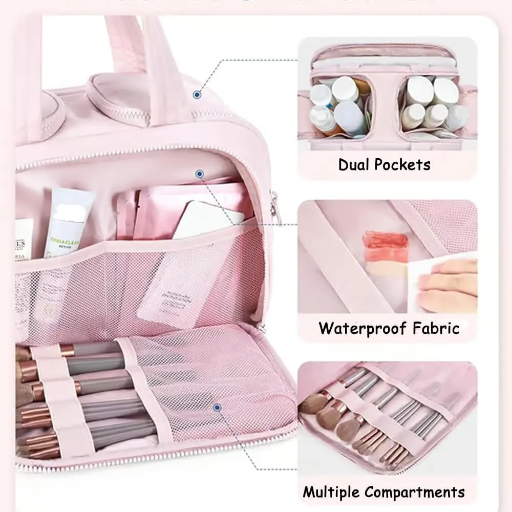 Curetoaway Travel Cosmetic Bag, Large Capacity Wide-open Travel Cosmetic Bag, Multifunctional Waterproof Cureaway Toiletry Bag with Divider Suitable for Going Out (Pink)