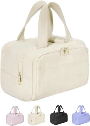 Curetoaway Travel Cosmetic Bag, Waterproof Portable Large Capacity Wide-Open Travel Cosmetic Bag, Cosmetic Bags For Women With Divider And Handle (Beige)