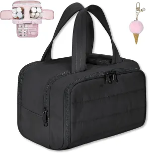Curetoaway Travel Cosmetic Bag,Large Capacity Wide-Open Travel Cosmetic Bag,Hanging Makeup Bag,Toiletry Bags for Women with Divider and Handle,Waterproof Portable Pouch (Black)