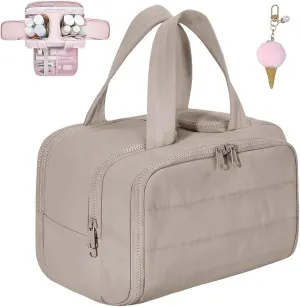 Curetoaway Travel Cosmetic Bag,Large Capacity Wide-Open Travel Cosmetic Bag,Hanging Makeup Bag,Toiletry Bags for Women with Divider and Handle,Waterproof Portable Pouch (Brown)