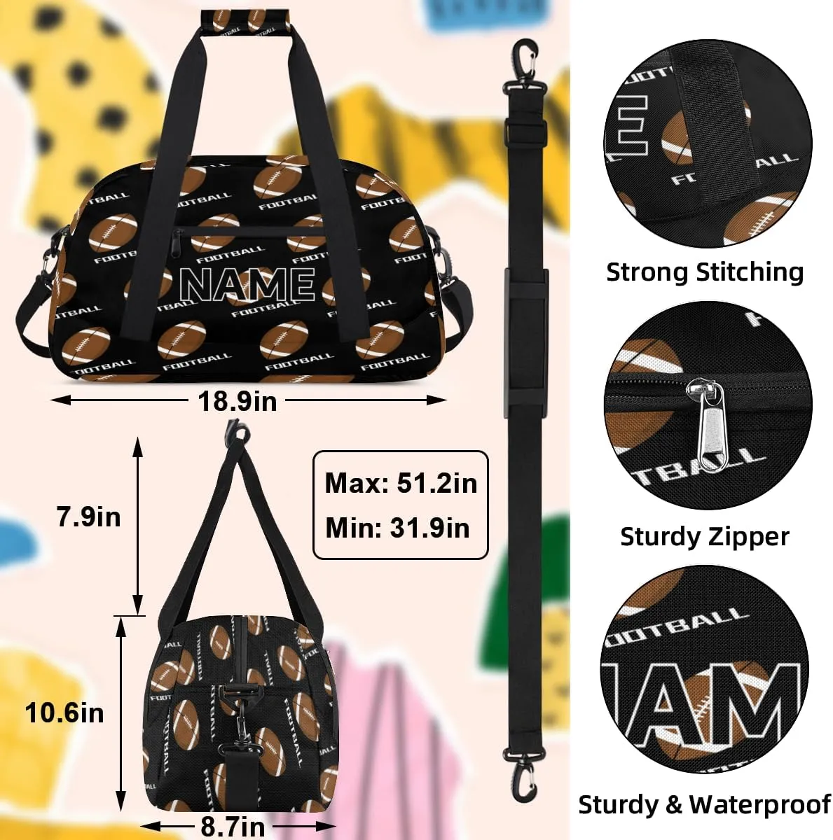 Custom American Football Small Gym Bag 18 inch for Women Men Personalized American Football Carry On Overnight Weekender Bag for Travel Work Dance Sport