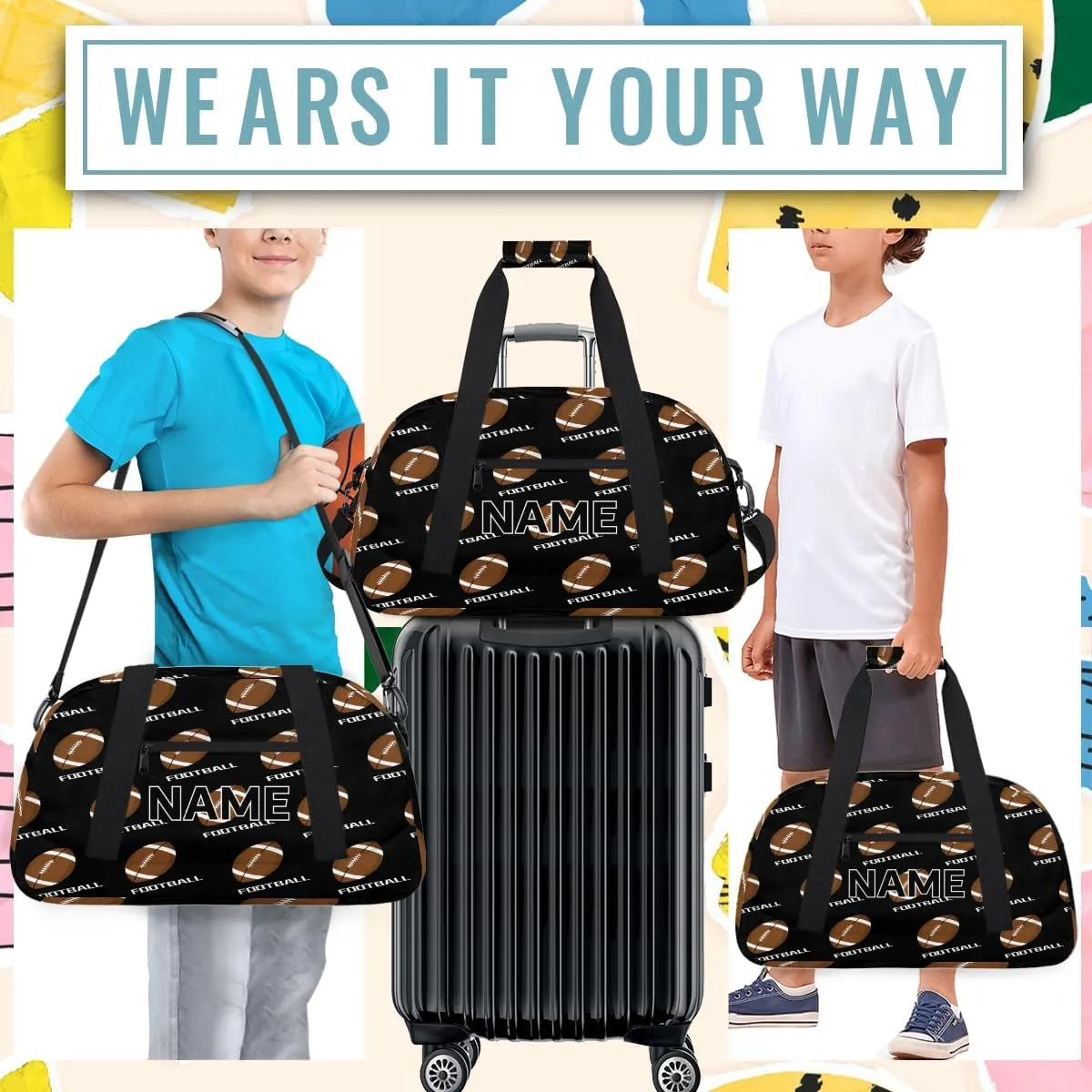 Custom American Football Small Gym Bag 18 inch for Women Men Personalized American Football Carry On Overnight Weekender Bag for Travel Work Dance Sport