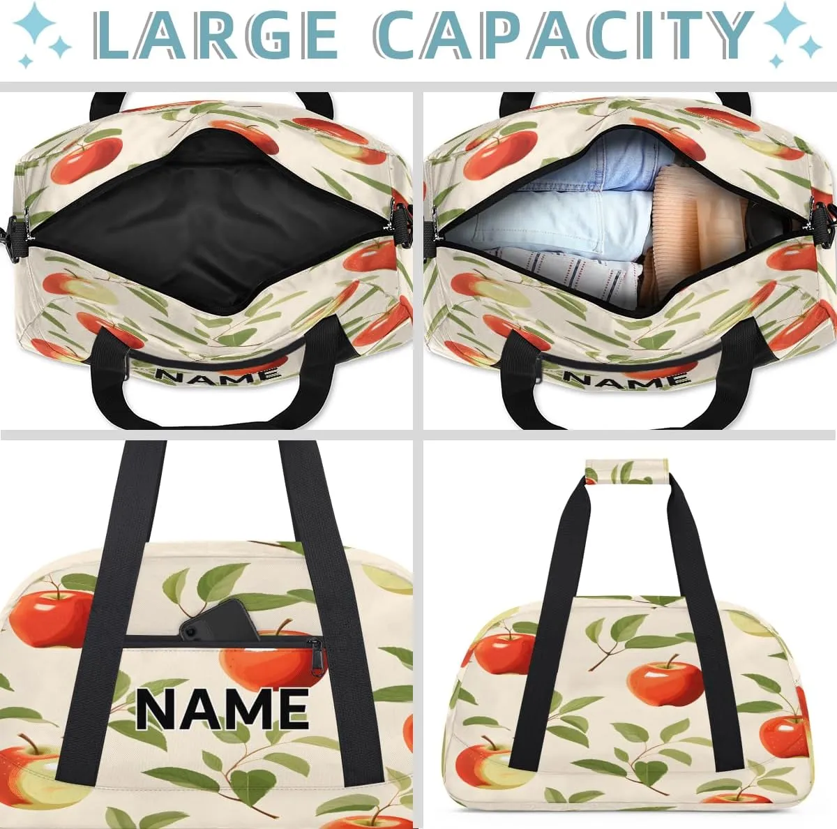Custom Apples Small Gym Bag 18 inch for Women Men Personalized Cartoon Apples Carry On Overnight Weekender Bag for Travel Work Dance Sport