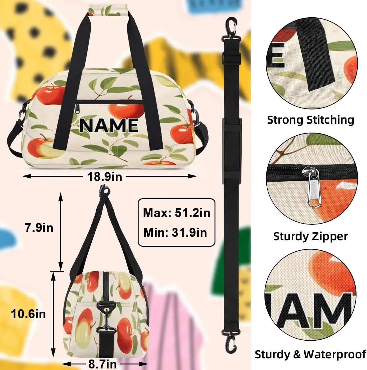 Custom Apples Small Gym Bag 18 inch for Women Men Personalized Cartoon Apples Carry On Overnight Weekender Bag for Travel Work Dance Sport