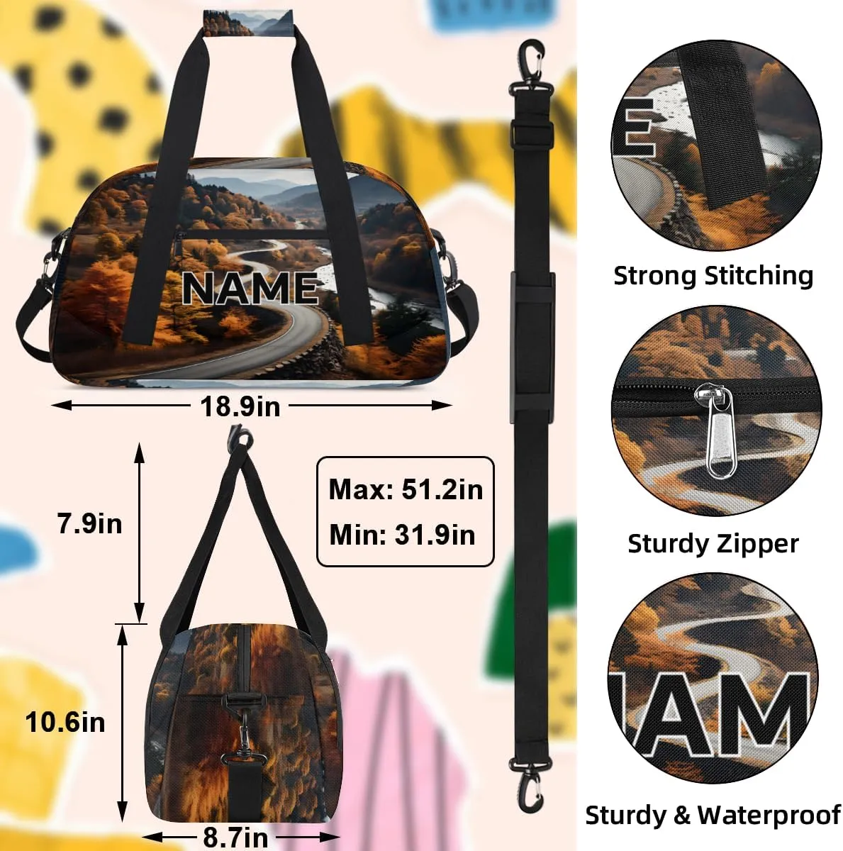 Custom Autumn Landscape Small Gym Bag 18 inch for Women Men Personalized Fall Forest Carry On Overnight Weekender Bag for Travel Work Dance Sport