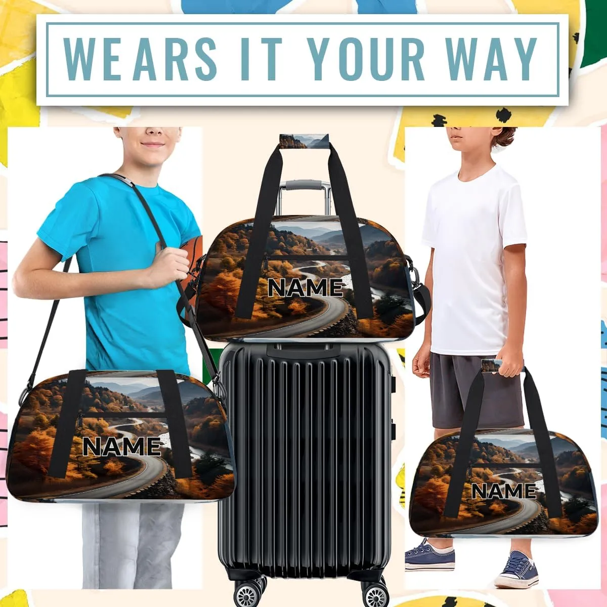 Custom Autumn Landscape Small Gym Bag 18 inch for Women Men Personalized Fall Forest Carry On Overnight Weekender Bag for Travel Work Dance Sport