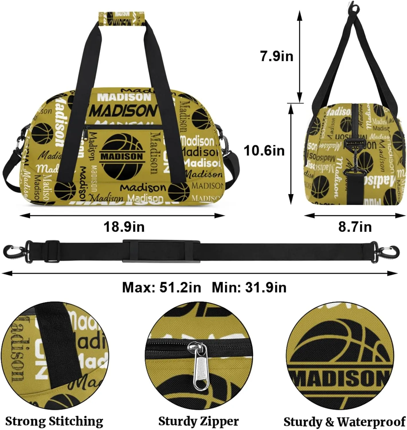 Custom Basketball Gym Duffel Bag for Women Men, Personalized Name Travel Sport Bags Customized Balls Weekender Bag, Brown
