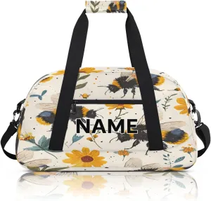 Custom Bees Small Gym Bag 18 inch for Women Men Personalized Bee Yellow Flower Carry On Overnight Weekender Bag for Travel Work Dance Sport